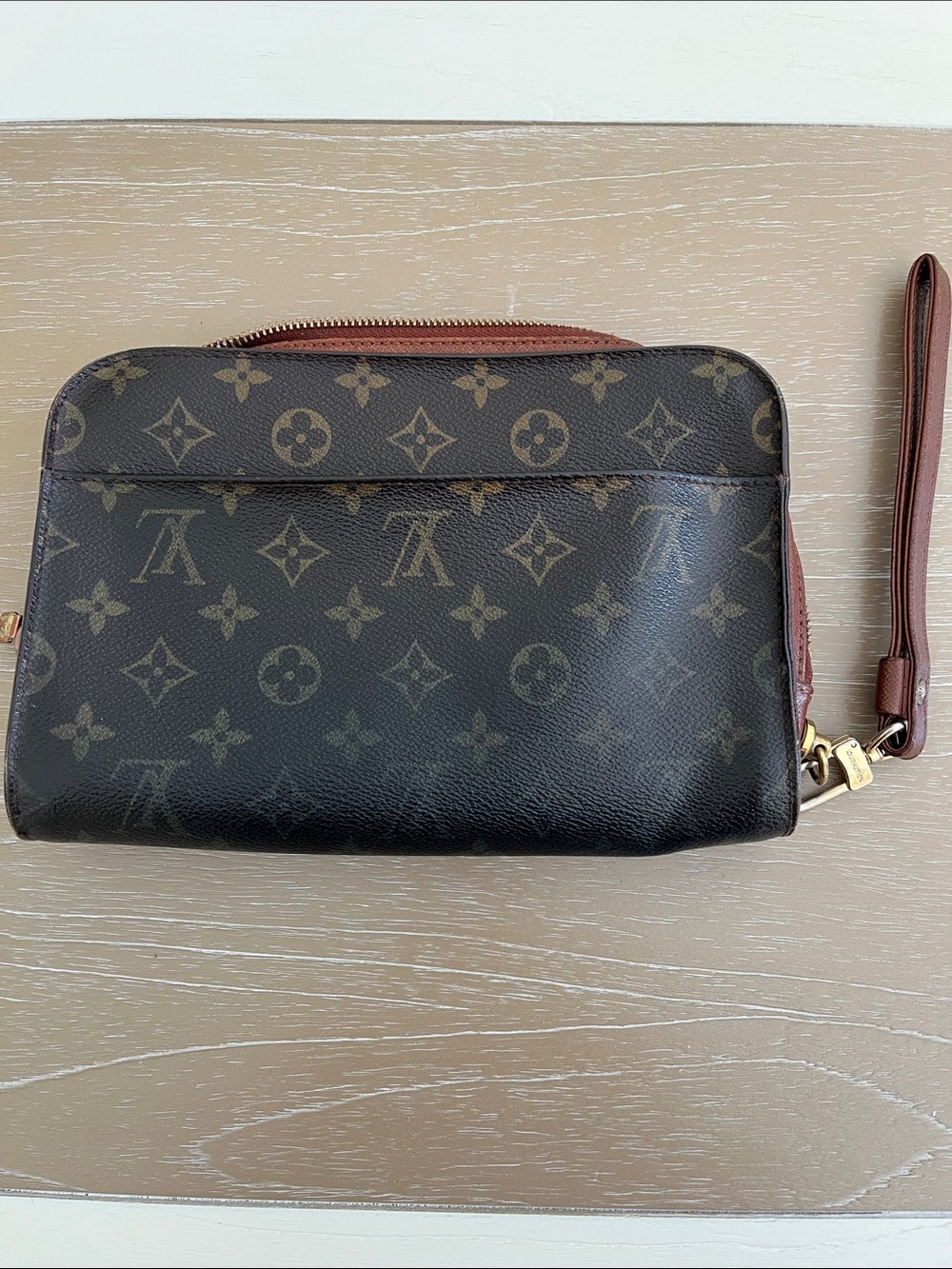 Louis Vuitton Monogram Wristlet Pouch in Brown and Tan Leather Trim